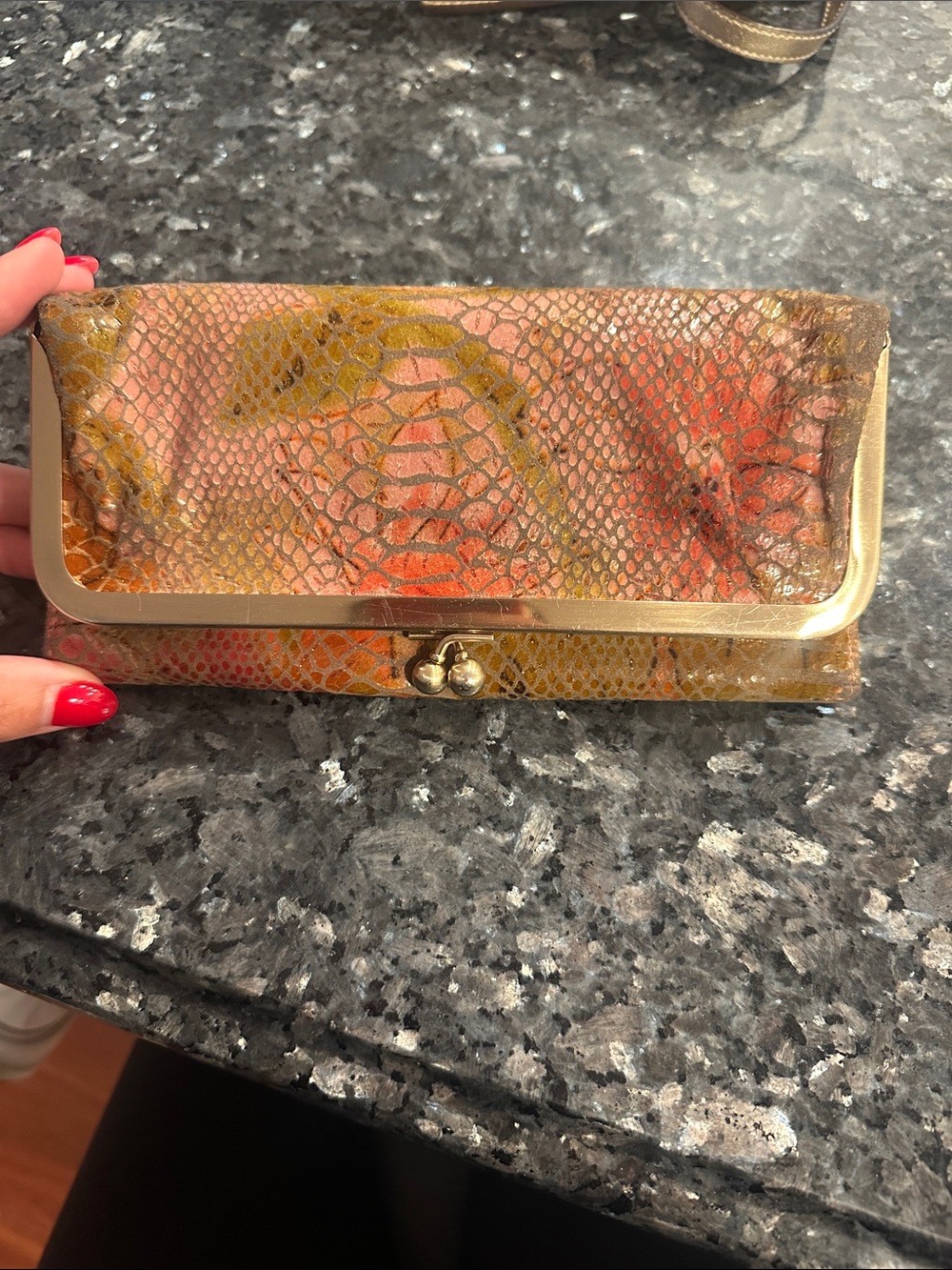 Hobo Women's Snake-Embossed Leather Clutch Wallet in Coral and Tan